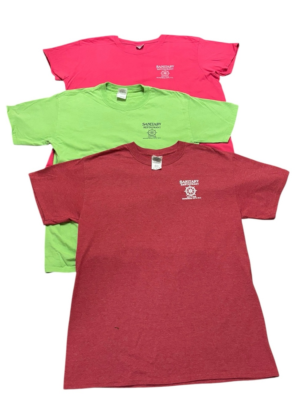 OBX Sanitary Restaurant Cotton Gildan T-Shirts in Pink, Green, & Red, M/XL